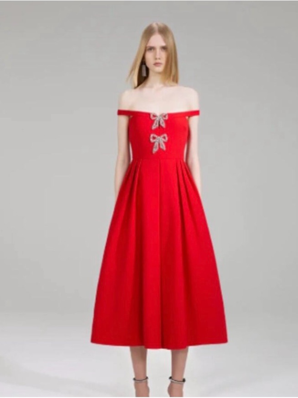 Self-Portrait Off-Shoulder Red Midi Dress with Bow Embellishments